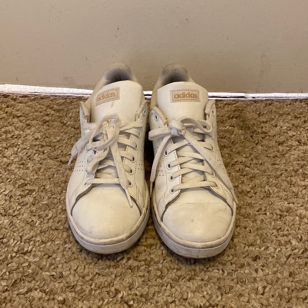 Adidas all white and gold sneakers